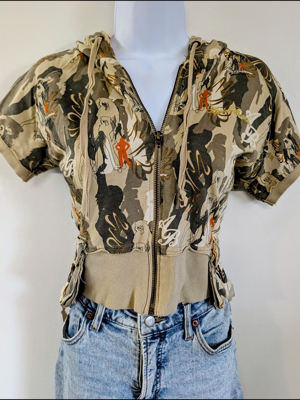 Apple Bottoms Short Zip-Up Hooded Crop Top in Beige Camo with Orange Accents